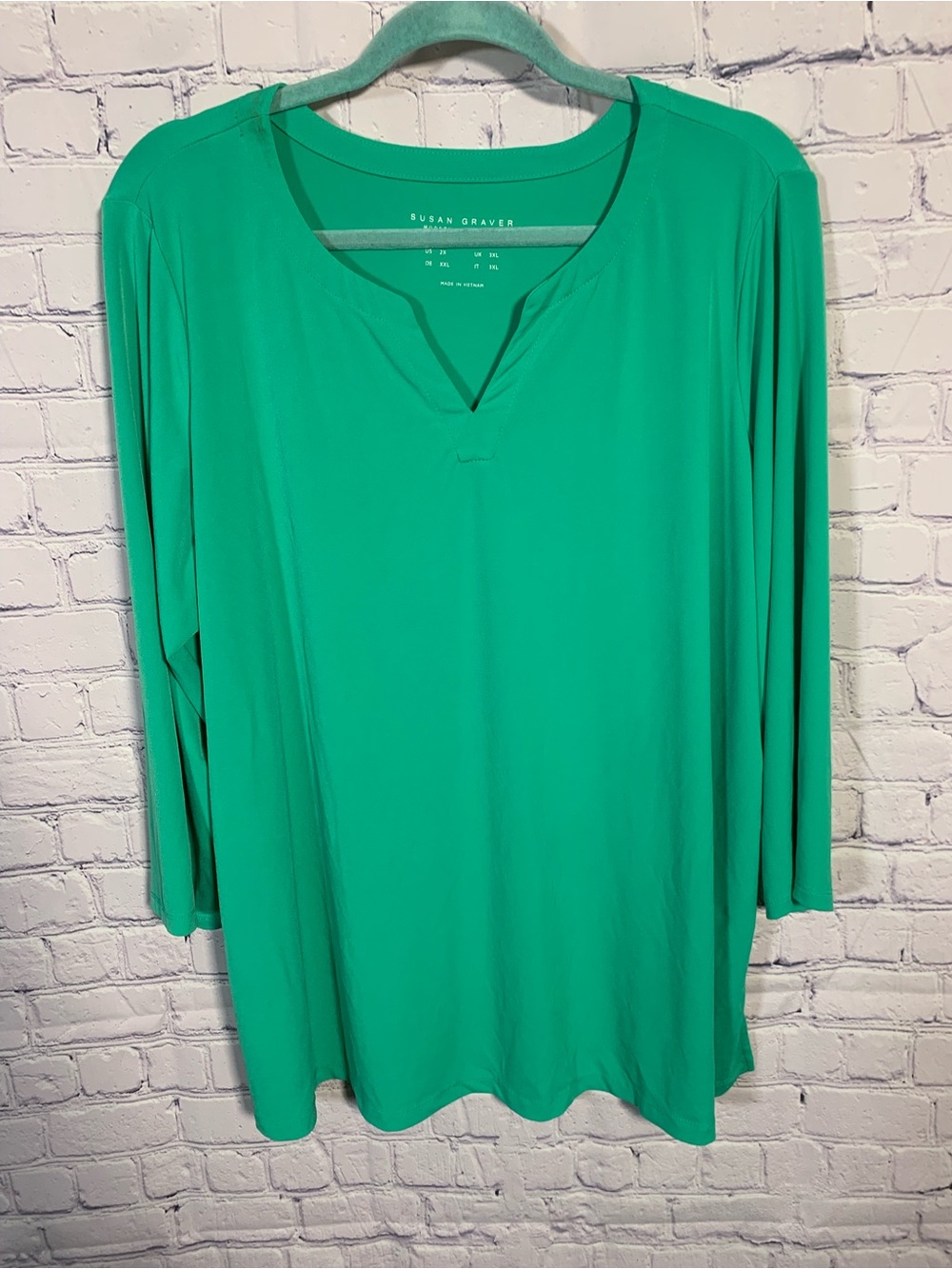 Susan Graver Womens Liquid Knit Green V-Notch Long Sleeve Top Sz 2X Minimalist